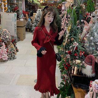 Bow-neck Knit Midi Dress