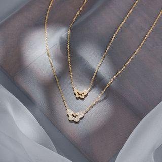 Butterfly Pendant Layered Necklace Silver Rhinestone - Gold & Yellow - One Size