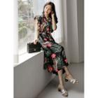 Flutter-sleeve Foliage Midi Dress Black - One Size