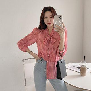 Scarf-neck Plaid Blous