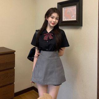 Collared Plain Shirt / Plaid Bow / High Waist Plain Skort