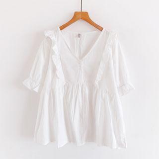 Elbow-sleeve V-neck Ruffled Blouse