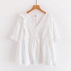 Elbow-sleeve V-neck Ruffled Blouse