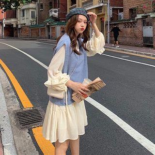 Frilled Trim Long-sleeve A-line Dress / V-neck Knit Vest