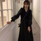 Lantern-sleeve V-neck Midi A-line Dress Black - One Size