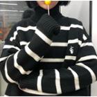 Hand Embroidered Turtleneck Stripe Sweater White Stripes - Black - One Size
