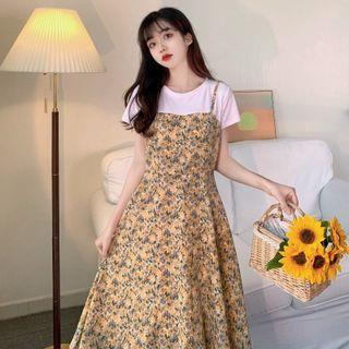 Short-sleeve Mock Two-piece Print Dress