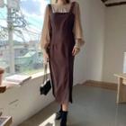 Set: Balloon-sleeve Blouse + Square-neck Jumper Dress Brown - One Size