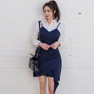 Plain Shirt / Striped Spaghetti Strap Dress