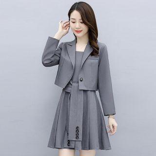 Set: Spaghetti Strap A-line Dress + Cropped Blazer