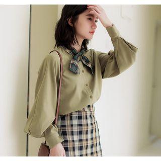 Long-sleeve Tie-neck Shirt Green - One Size