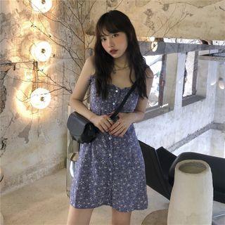 Spaghetti Strap Floral Print Mini A-line Dress Purple - One Size