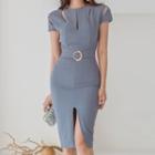 Cut-out Short-sleeve Slit Sheath Dress