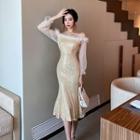 Long-sleeve Furry Trim Sheath Dress