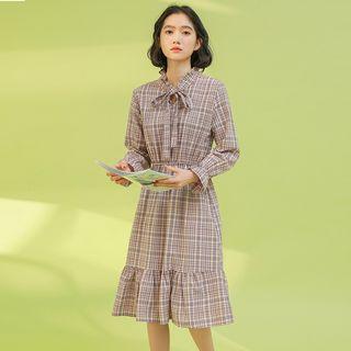Plaid Long-sleeve A-line Midi Dress Mauve - One Size
