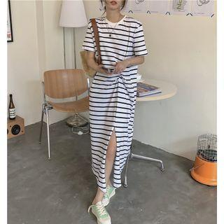 Short-sleeve Striped Twist Midi A-line Dress