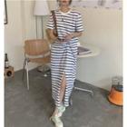Short-sleeve Striped Twist Midi A-line Dress
