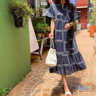 V-neck Frilled-hem Long Paisley Dress