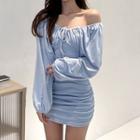 Off-shoulder Mini Sheath Dress Blue - One Size