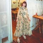 Set: Long-sleeve Floral Maxi A-line Dress + Slipdress