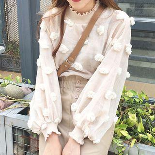 Set: Flower Accent Mock Neck Blouse + Velvet Camisole Top