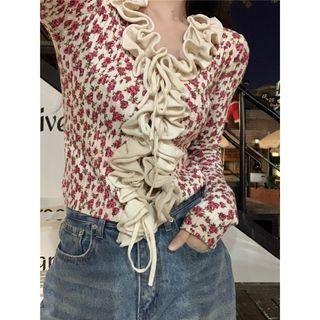 Long-sleeve V-neck Ruffle Floral Slim-fit Top Red & Almond - One Size