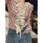 Long-sleeve V-neck Ruffle Floral Slim-fit Top Red & Almond - One Size
