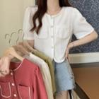 Short-sleeve Round-neck Pearl Button Big-pocket Top