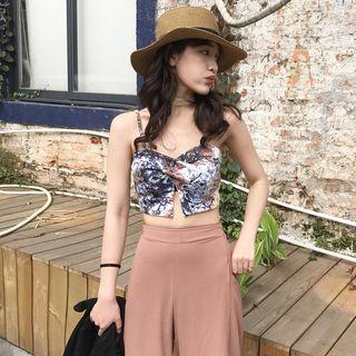 Printed Cropped Camisole Top / Elbow-sleeve Long Cardigan / Wide Leg Pants