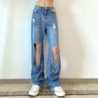 High Waist Distressed Chain-detail Jeans