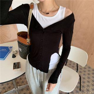 Long-sleeve Plain Irregular Slim-fit Top / Tank Top
