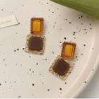 Square Faux Gemstone Alloy Dangle Earring 1 Pair - S925 Silver Pin Stud Earrings - Brown & Gold - One Size