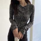 Long-sleeve Zebra Print Mock-neck Top Black & Gray - One Size