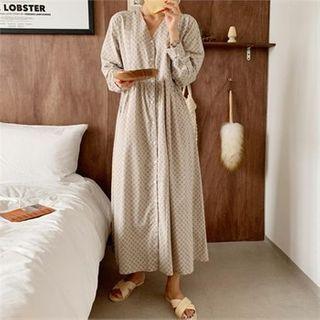 V-neck Pintucked-trim Maxi Patterned Dress