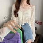 Long-sleeve V-neck Plain Sheer Top