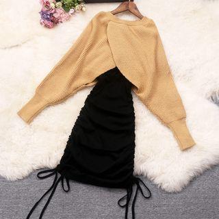 Set: Drawstring Slipdress + Wrapped Sweater Gray & Black - One Size