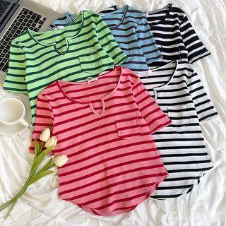 Short-sleeve Striped Asymmetrical Hem T-shirt