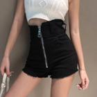 Frayed High-waist Zip Denim Hot Pants