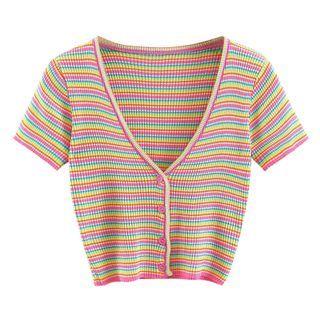 Short-sleeve Button-up Striped Knit Top