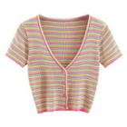 Short-sleeve Button-up Striped Knit Top