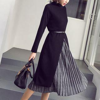 Set: Pleated Midi Skirt + Slit Knit Dress With Belt