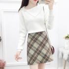 Set: Asymmetric Collar Plain Faux Furry Sweater + High-waist Color Block Plaid Skirt