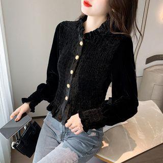 Long-sleeve Ruched Wood Ear Trim Top