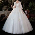Short-sleeve Cold Shoulder Floral Applique A-line Wedding Gown