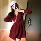 Plain V-neck A-line Long-sleeve Dress