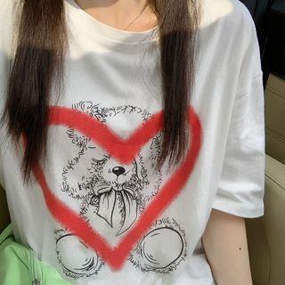Elbow-sleeve Bear Print T-shirt Bear - White - One Size