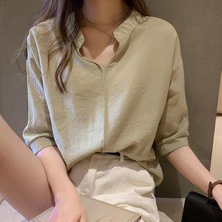 Elbow-sleeve Chiffon Open Collar Blouse
