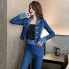 Set: Print Panel Denim Cropped Jacket + High-waist Tapered Jeans