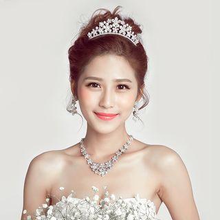 Bridal Set: Rhinestone Tiara + Clip-on Earrings + Necklace
