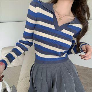 Open-collar Striped Crop Knit Top